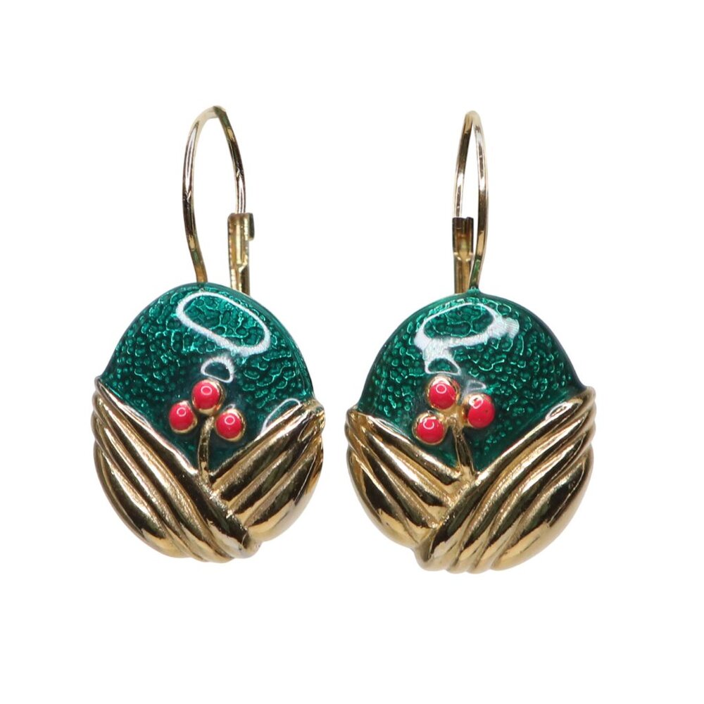 Vintage AGO Hallmarked Enamel Earrings Green Red Botanical Gold Tone Leverback